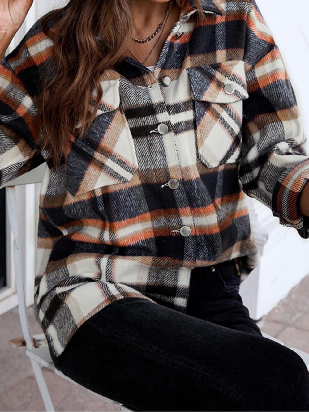 Button-Front Plaid Shacket in Cream, Black & Orange